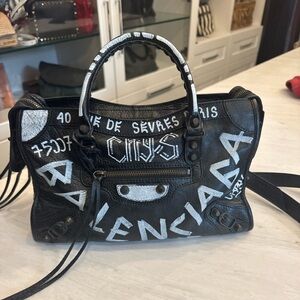 Balenciaga Black and White Graffiti city bag
